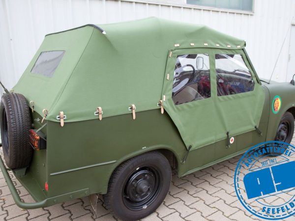 Trabant Kübel Verdeck Verdeckstoff NVA Grün wie original mit Lederberiemung