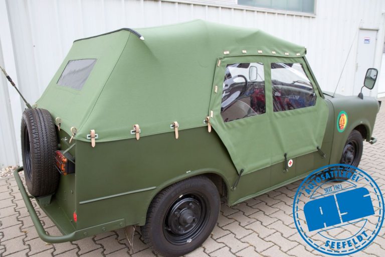 Trabant Kübel Verdeck Verdeckstoff NVA Grün wie original mit Lederberiemung