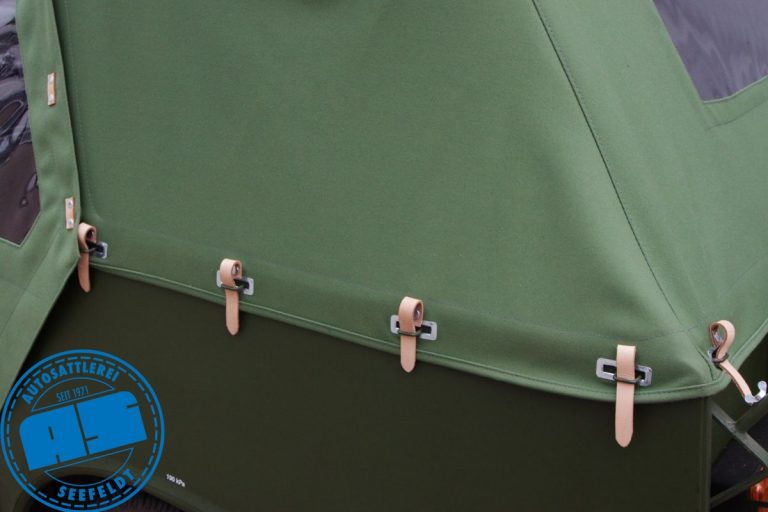 Trabant Kübel Verdeck Verdeckstoff NVA Grün wie original mit Lederberiemung